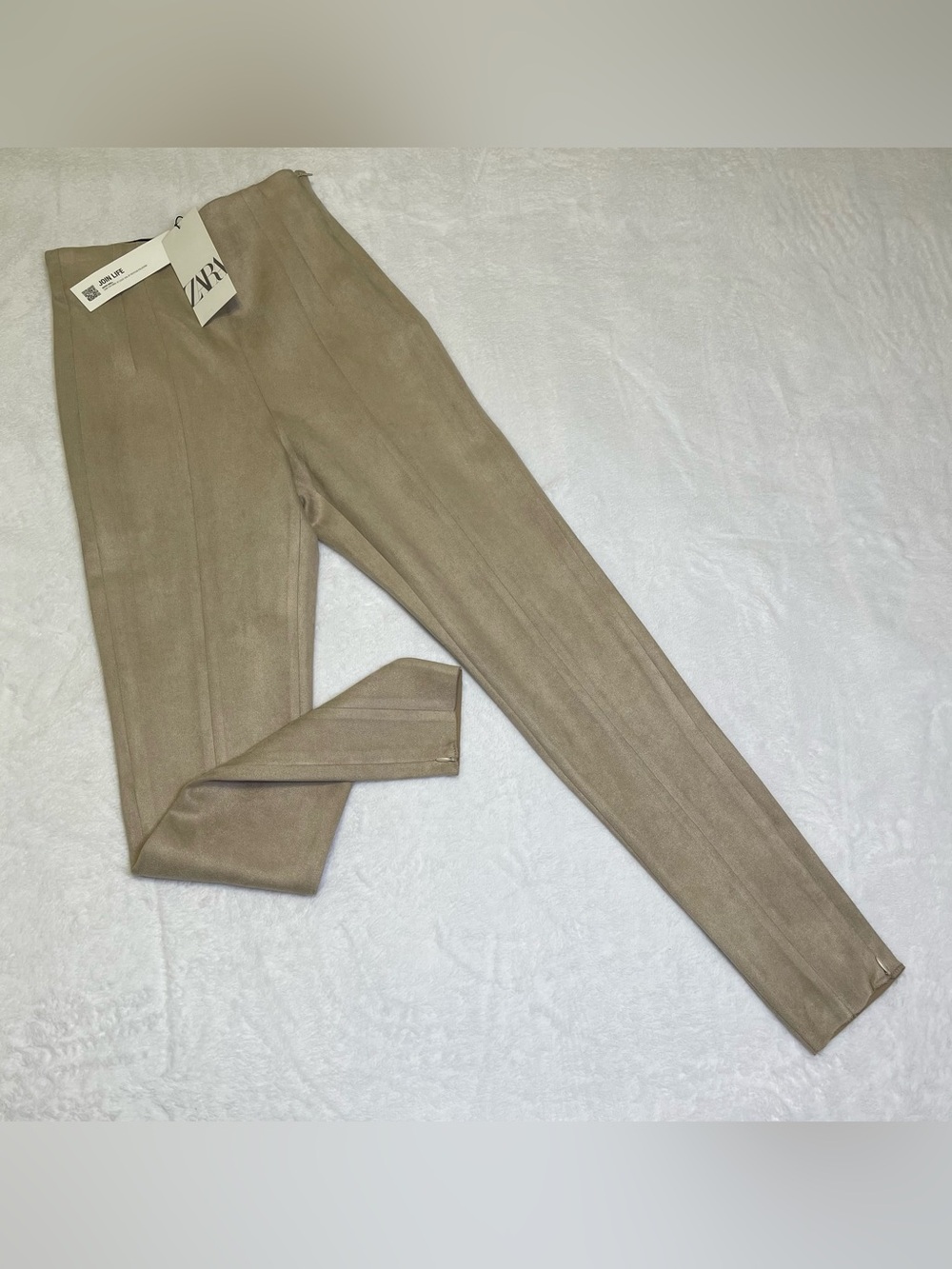 ZARA NWT Faux Suede Skinny Pants High Rise Zip Ankle Beige Taupe Size XS